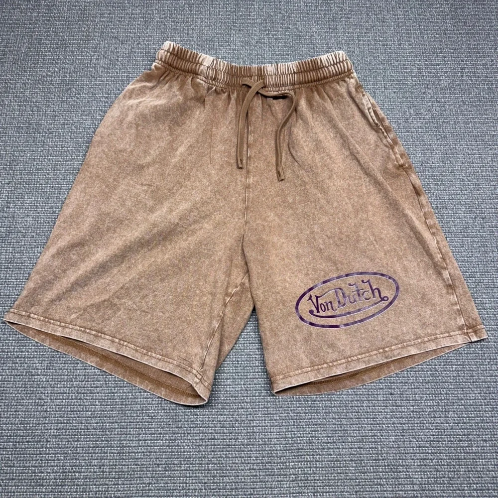 Von Dutch Mens Brown Acid Wash Sweat Shorts Purple Logo Size Small
